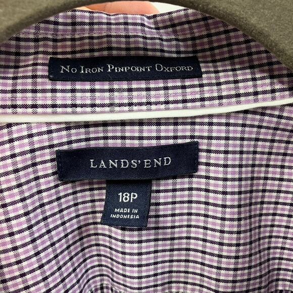 Lands End Womens 18p‎ Pinpoint Oxford 3/4 Sleeve Plaid Purple Classic Preppy - Picture 3 of 13